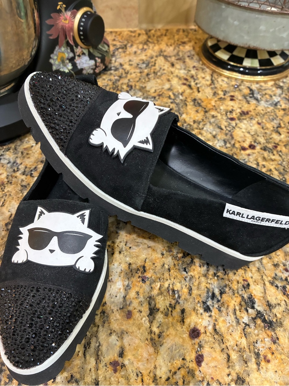 Karl Lagerfeld Size 5 Black Slip-On Shoes with White Cat Logo